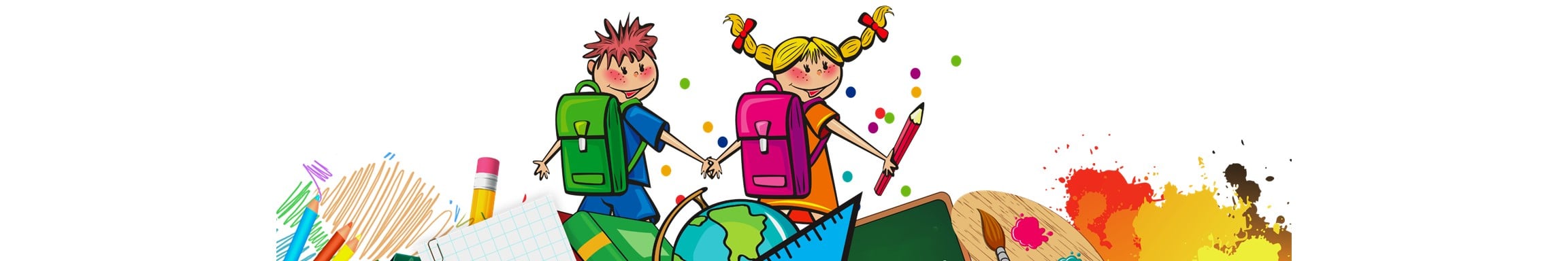 Colourful image of two children with backpacks with school materials along the bottom edge