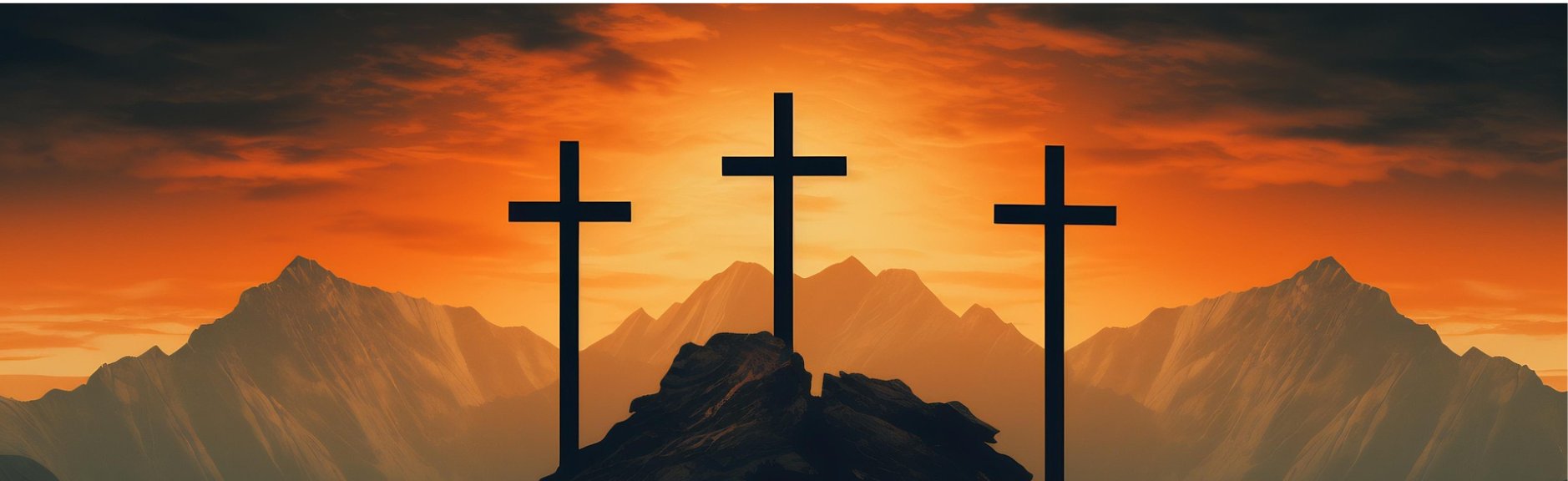 illustration of three crosses on hill of Golgotha in front of a sunset