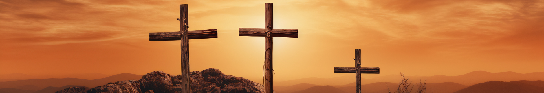 Three crosses on hill in front of sunset
