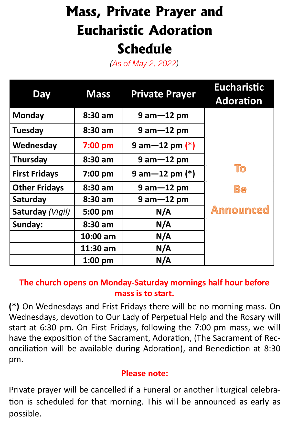 mass, private prayer, Eucharistic exposition schedule